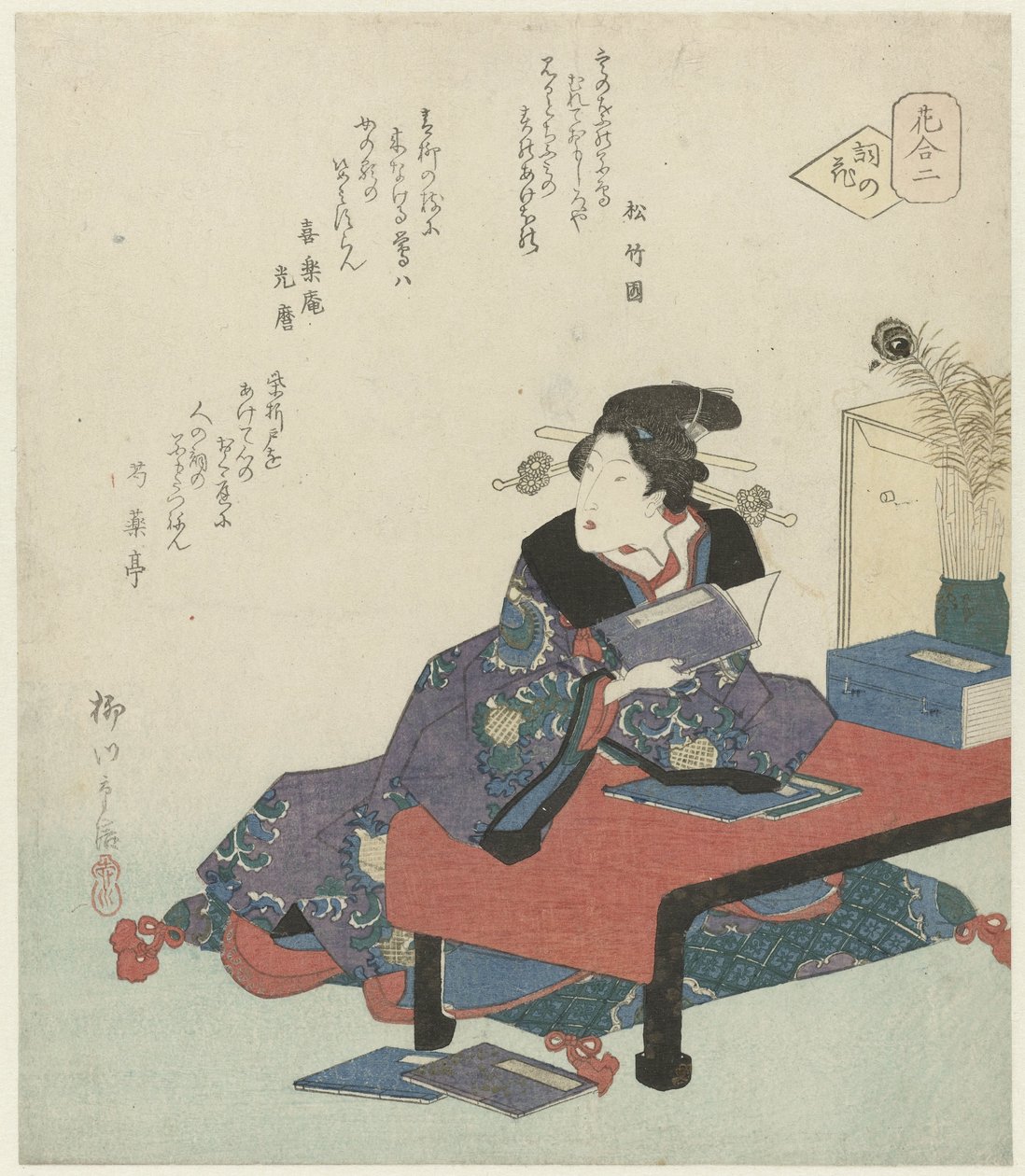 İki numara: Japon şiirinin çiçeği Kotoba no hana (nesne üzerindeki başlık) Çiçeklerin karşılaştırılması (seri başlığı) Hana awase (nesnede seri başlığı) by Yanagawa Shigenobu (II)
