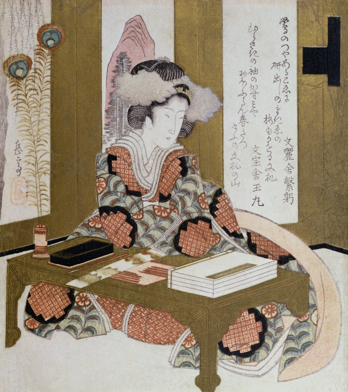 Şair, Bijin, Kaligrafi Masasında (renkli tahta baskı) by Yashima Gakutei