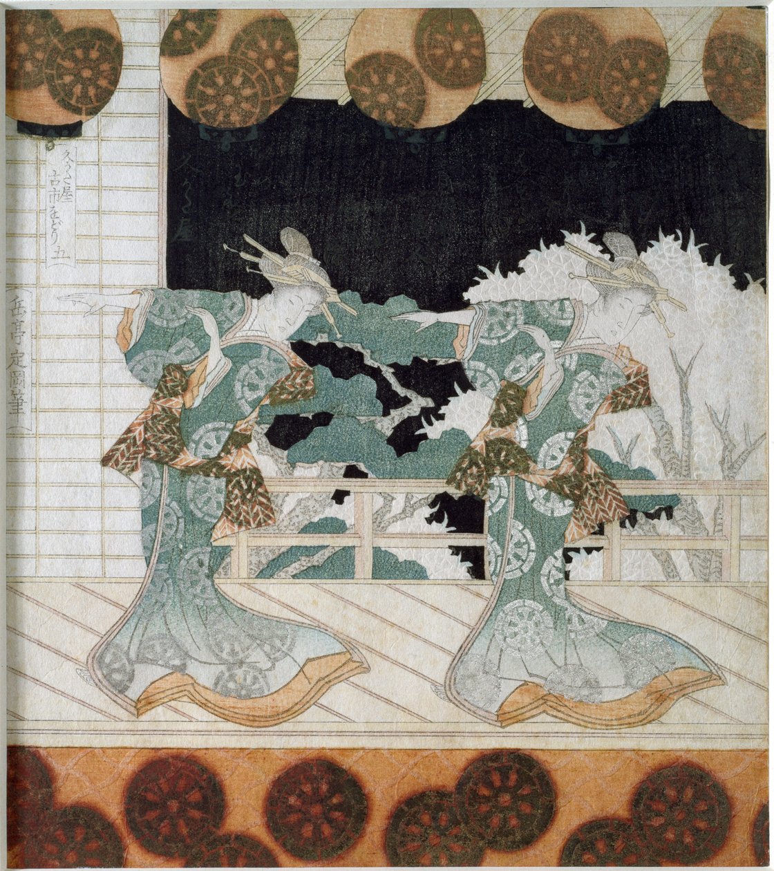 Bir sahnede geleneksel kostümlü dansçılar Yashima Gakutei (1786-1868) 1822 Özel koleksiyon Japon baskısı “Surimono” by Yashima Gakutei