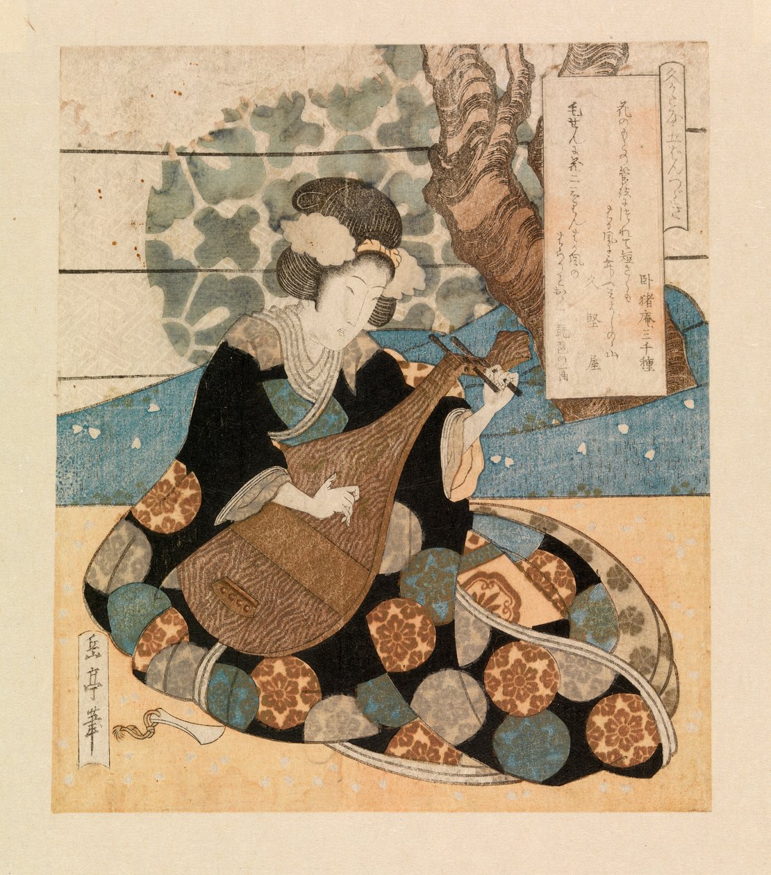 Enstrüman çalan kadın, 1804-40 dolayları (renkli gravür) by Yashima Gakutei