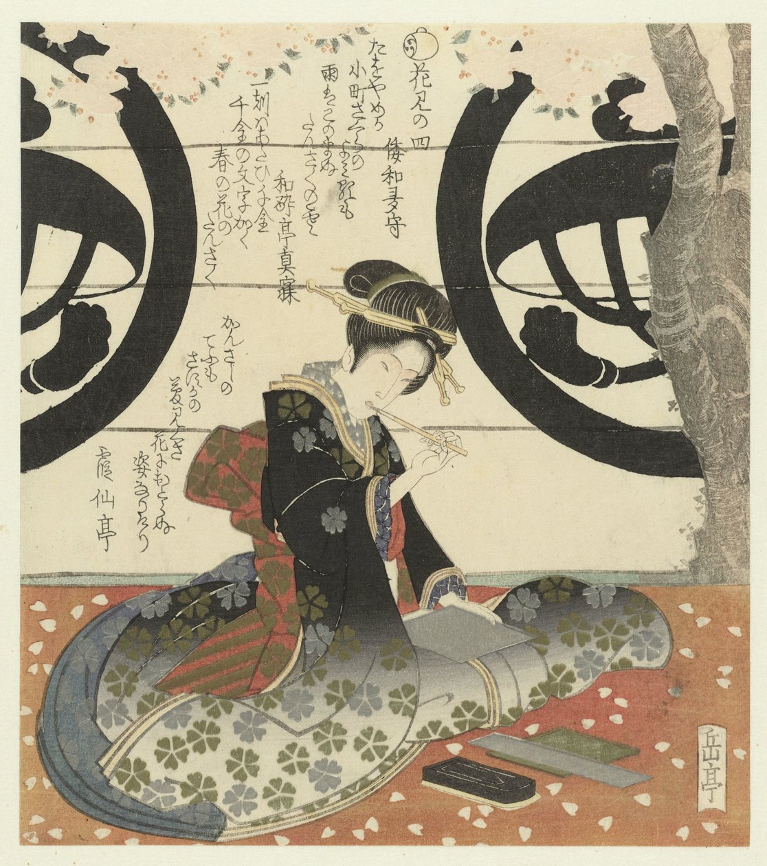 Dört numara: Kız şiir yazar Hayır yon (nesnedeki başlık) Çiçek görmek (dizi adı) Hanami (nesne üzerinde dizi başlığı) by Yashima Gakutei