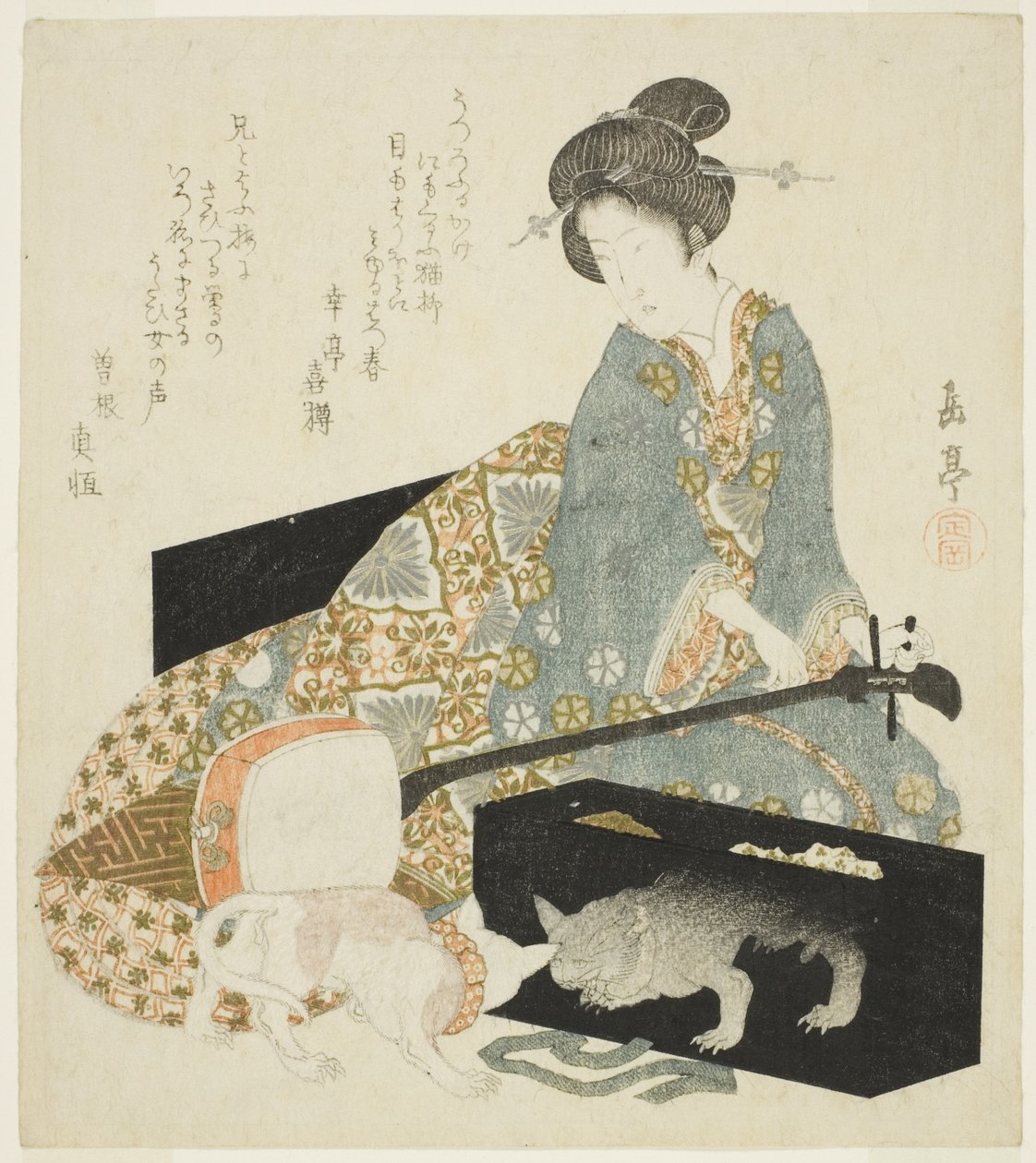Shamisen ve kedi olan kadın by Yashima Gakutei