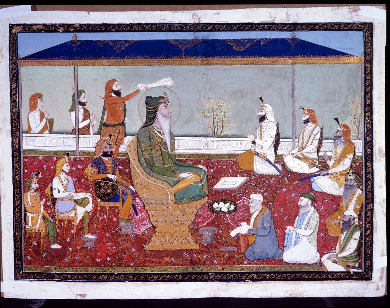 Ranjit Singh altın tahtında, c.1830 (kağıt üzerinde opak suluboya ve altın) by Yechu Mussavir