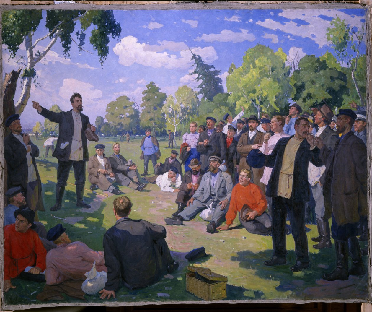 1891'de 1 İşçi Bayramı (1891'de 1 Mayıs). Güneşli bir parkta işçilerin dinlenme ve toplanma günü. Yefim Mihayloviç Tcheptsov (1875-1950), tuval üzerine yağlıboya 1935. 20. yüzyıl Sovyet sanatı. Devlet Rus Müzesi, Aziz by Yefim Mikhailovich Tcheptsov