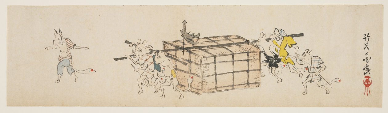 Sandık Taşıyan Beyaz Tilkiler, 1840 dolayları (renkli tahta baskı) by Yoda Chikkoku