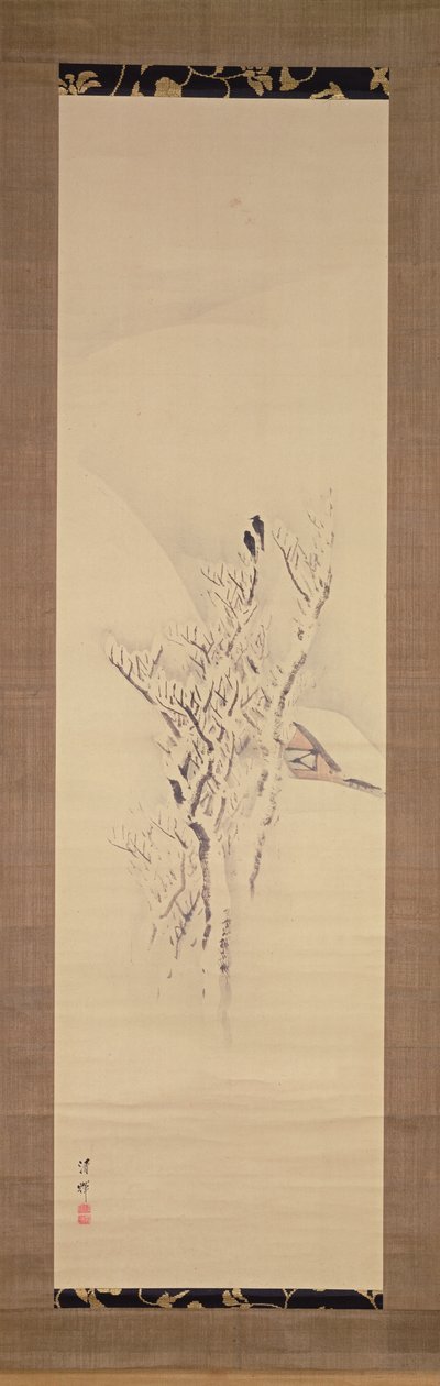 Snowy landscape with crows in tree, c.1820-50 (ink and colours on paper) by Yokoyama Seiki