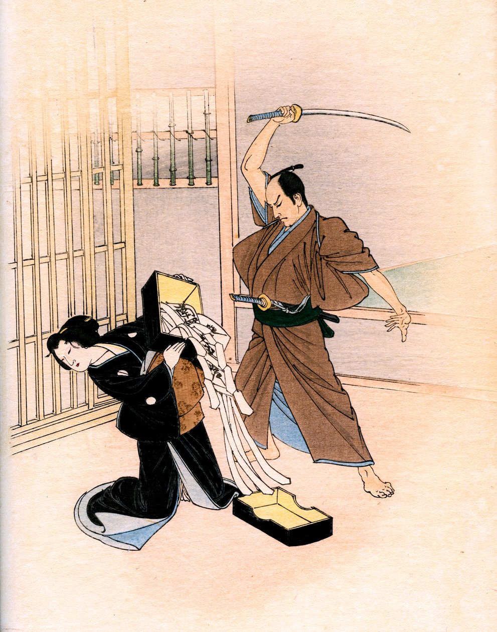 Geleneksel Japon tiyatrosu: bir oyuncu bir oyuncuyu kılıçla tehdit ediyor by Yoshimune Arai