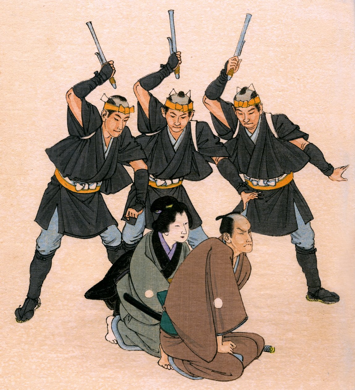 Geleneksel Japon tiyatrosu: üç silahlı adam bir erkek ve bir kadın karakteri tehdit ediyor by Yoshimune Arai