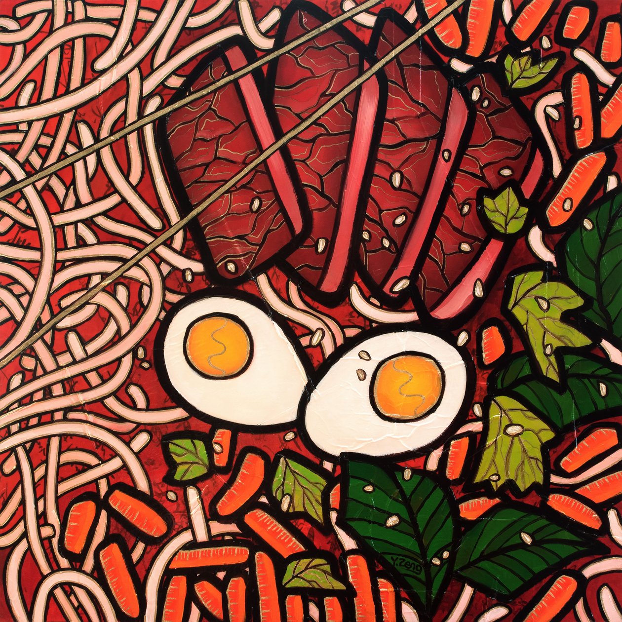 Ramen noodle beef, 2022 (ahşap tahta üzerine karışık teknik) by Yue Zeng