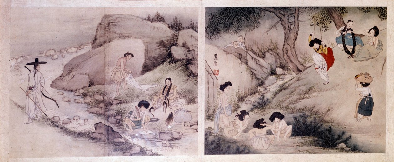 Art coreen: kıyafetlerini yıkayan ve kendi kendine giyinen kadınlar ve tuvaletlerini yapan ve kendilerini eğlendiren kadınlar. Sin Yun Bok (veya Hyewon) (d. 1758) tarafından yapılan baskılar. Hyung Pil Chun Koleksiyonu by Yun bok Sin