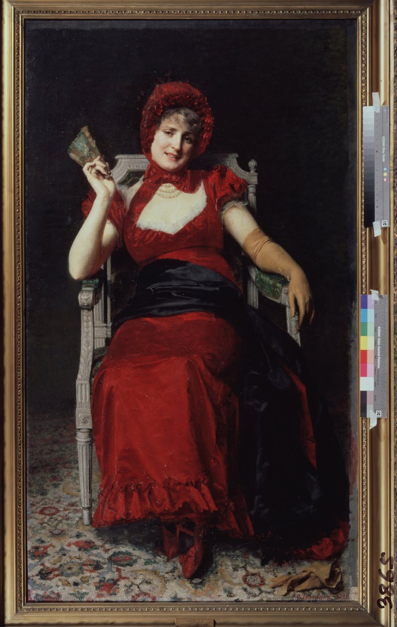 Directoire tarzı elbiseli kadın (Diretoire Elbiseli Bayan). Eldiven giyen ve bir yelpaze tutan elbise, kurdele başlığına ve ayakkabılarına uygun kırmızı renktedir. Yuri Jacovlevich Lehman (Youri Leman) (1834-1901) tarafından boyama, t üzerine yağlı boya by Yury Jacovlevich Lehman
