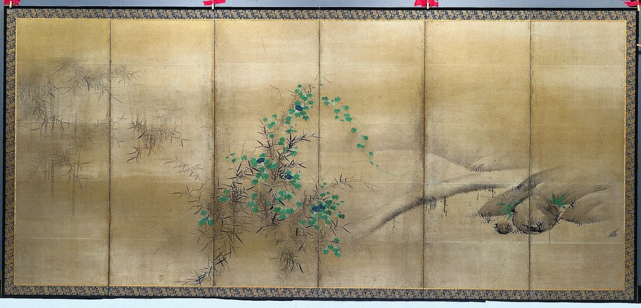 Kış ve Yaz Çiçekleri, Bir çift altılı katlanır paravandan biri, c. 1600 (kağıt üzerinde mürekkep, renk ve altın) by Yusho Kaiho