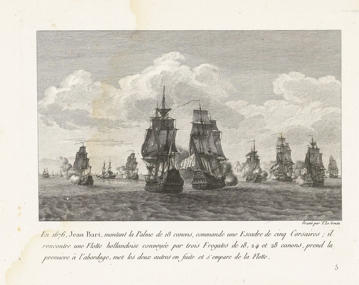 Jan Bart valt, zijn eskader een Hollandse vloot aan ile tanıştı, 1676 1676'da, 18 silahlı Palme'ye binen Jean Bart, beş Corsairs filosuna komuta etti (...) (nesne üzerinde başlık) Jean-Bart'ın savaşlarının derlenmesi, Louis XIV altında baş d by Yves Marie Le Gouaz
