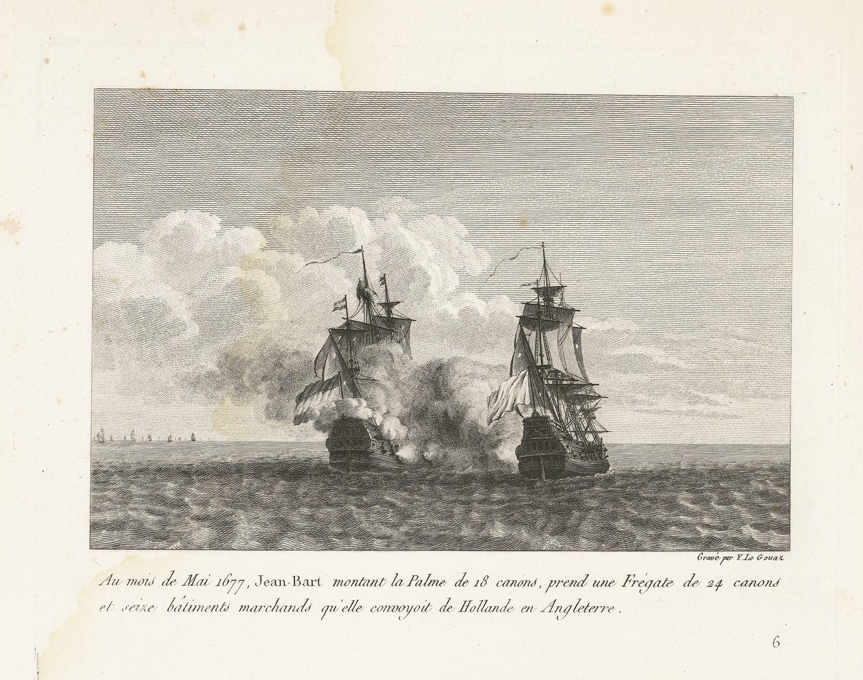 Jan Bart, Hollands fregat, 1677 Mayıs 1677'de, Jean-Bart, 18 silahlı Palme'ye bindi, Hollanda'dan İngiltere'ye konvoy yaptığı 24 silah ve on altı ticari gemiden oluşan bir Fırkateyn aldı (nesne üzerinde başlık) Jea'nın Recueil des muhar by Yves Marie Le Gouaz