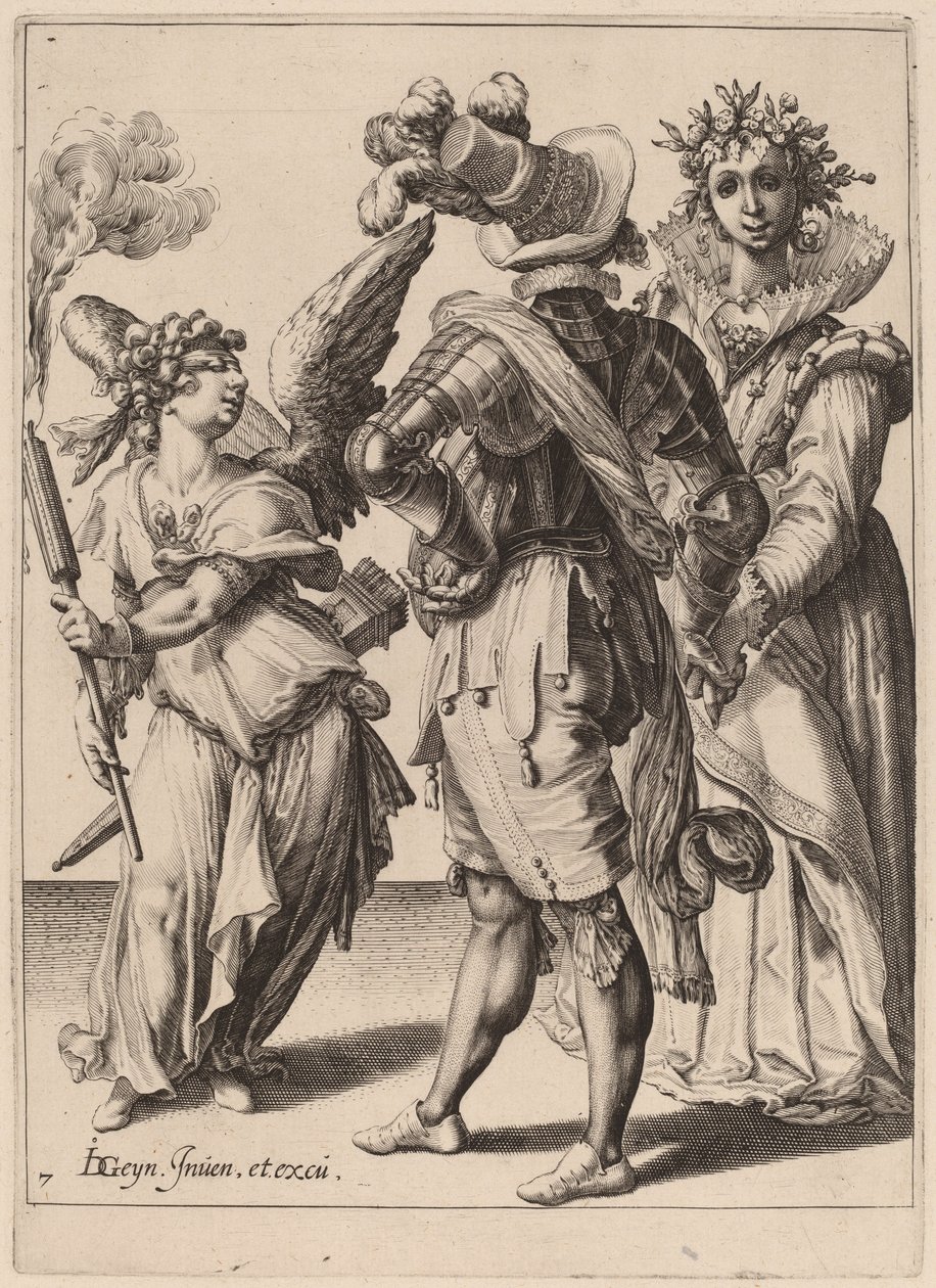 Bir çiftin önünde meşale tutan gözleri bağlı bir aşk tanrısı by Zacharias Dolendo after Jacques de Gheyn II