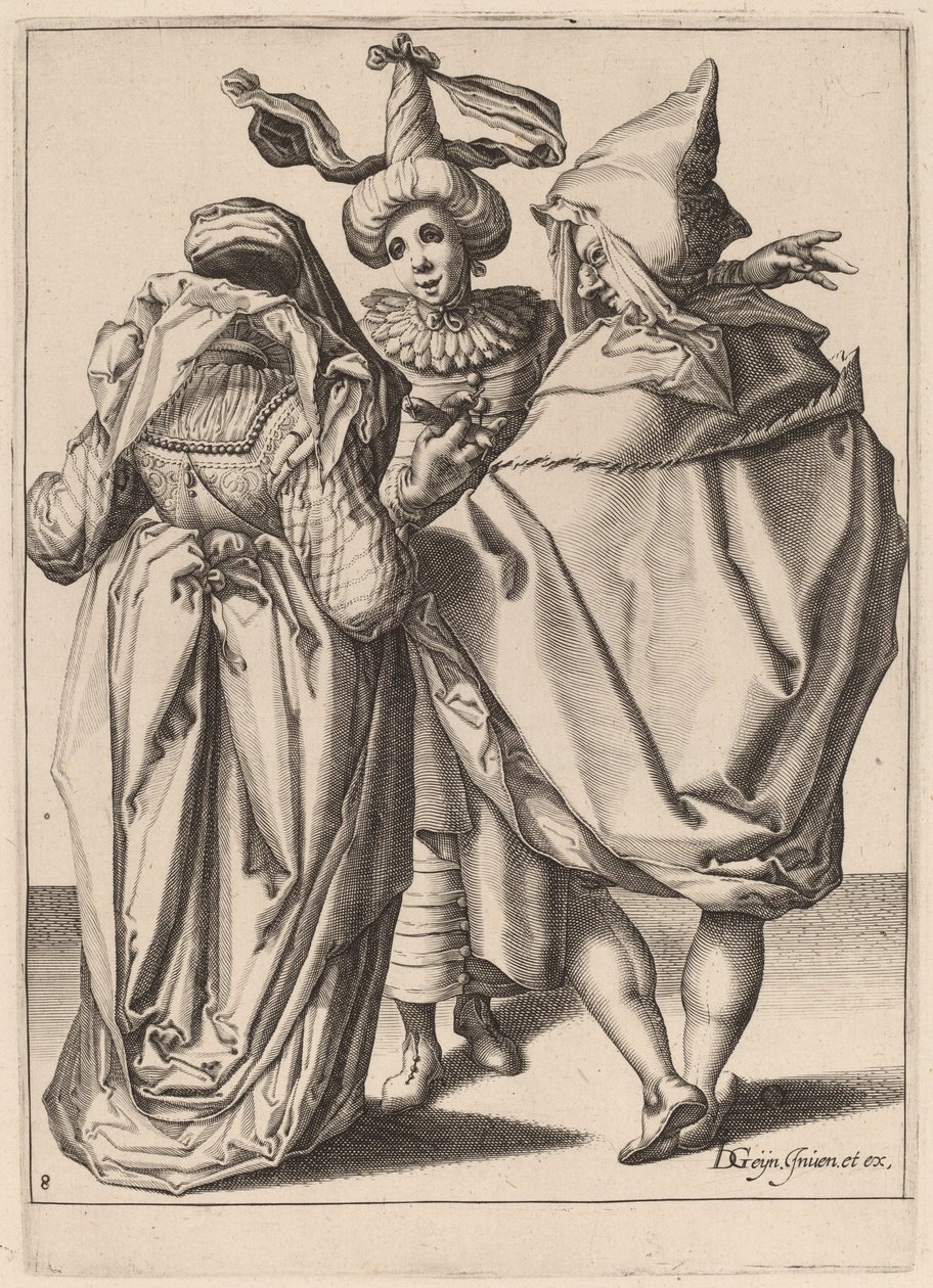 El kol hareketi yapan genç bir adama hitap eden bir çift by Zacharias Dolendo after Jacques de Gheyn II