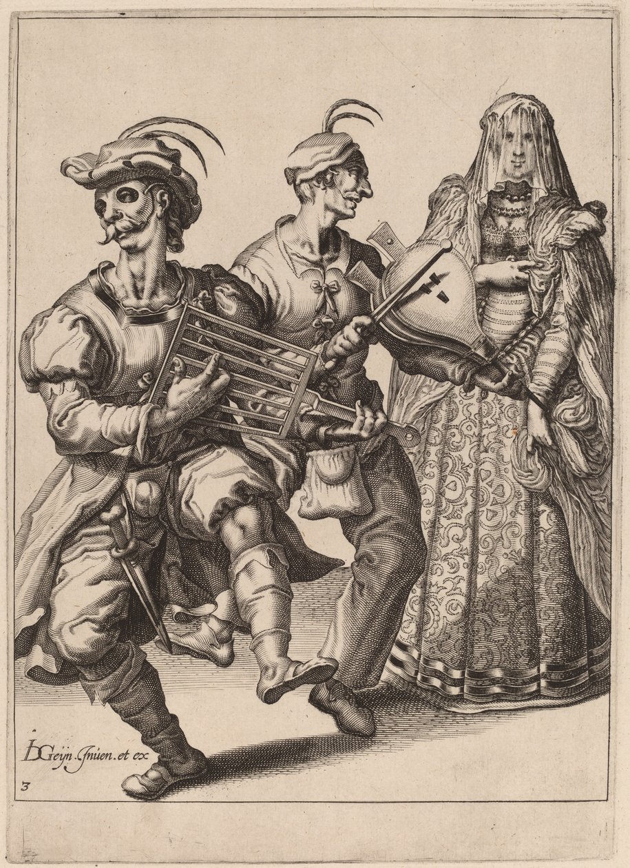 İki Müzisyenin Izgara ve Körük Çaldığı Örtülü Bir Kadın by Zacharias Dolendo after Jacques de Gheyn II
