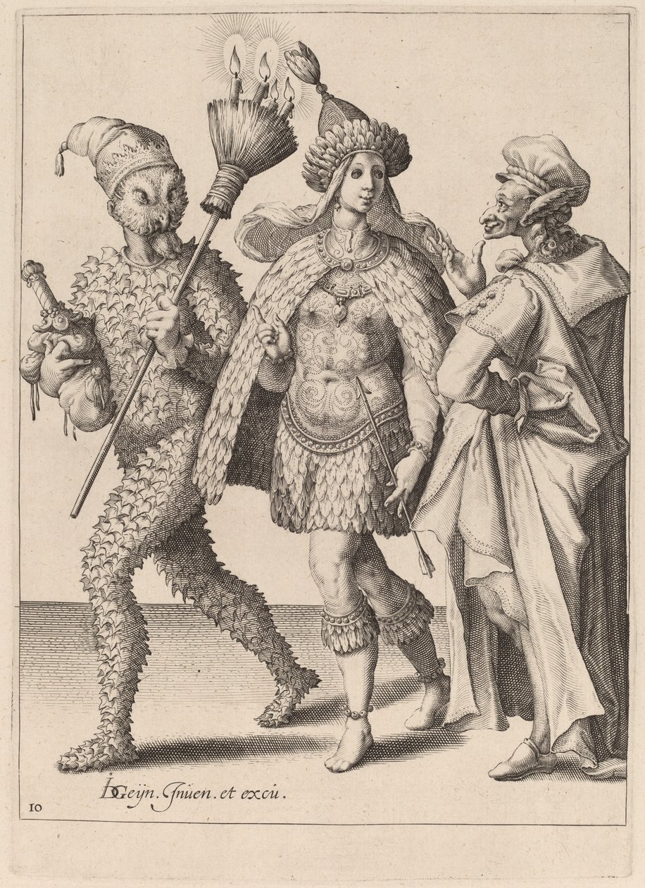 Tüyler içinde bir çifte hitap eden yaşlı bir mumya by Zacharias Dolendo after Jacques de Gheyn II