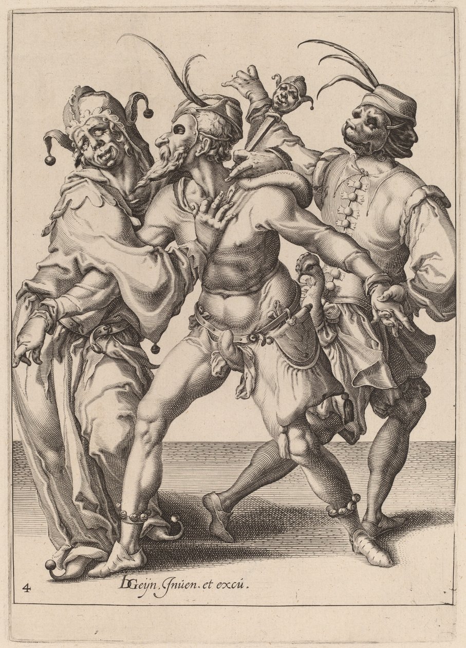 Bir Soytarı Dahil Üç Dans Eden Mummers by Zacharias Dolendo after Jacques de Gheyn II
