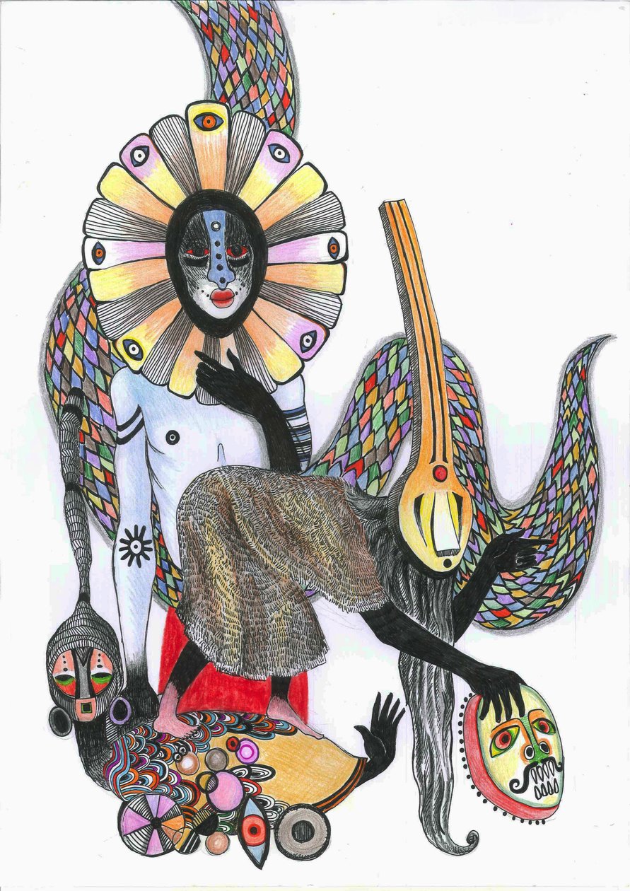 Maskelerin Dansı, 2012 (kağıt üzerine kalem, mürekkep ve renkli kurşun kalemler) by Zanara Sabina Nedelcheva Williams