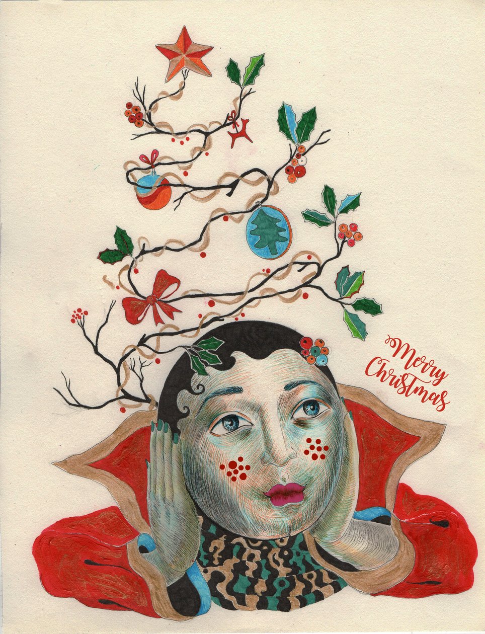 Noel He-Elf, 2020 (kağıt üzerine mürekkeple çizim) by Sabina Nedelcheva Williams
