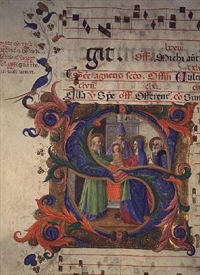 Missal 515 f.28v Tapınaktaki Sunumu betimleyen tarihi başlangıç S, 1448-49 by Zanobi di Benedetto Strozzi