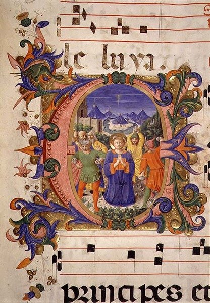 Missal 515 f.5r Aziz Stephen Şehitliği, tarihi bir baş harfle tasvir edilmiştir, sınır Filippo di Mateo Torelli (1409-68) tarafından 1449