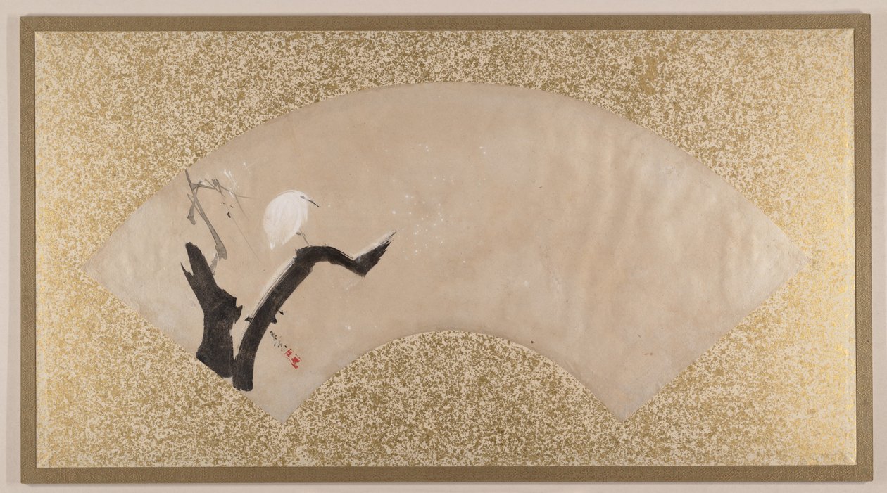 Ağaç Kütüğünde Balıkçıl, 19. yüzyıl sonu (albüm yaprağı olarak monte edilmiş yelpaze resim; kağıt üzerine tempera) by Zeshin Shibata