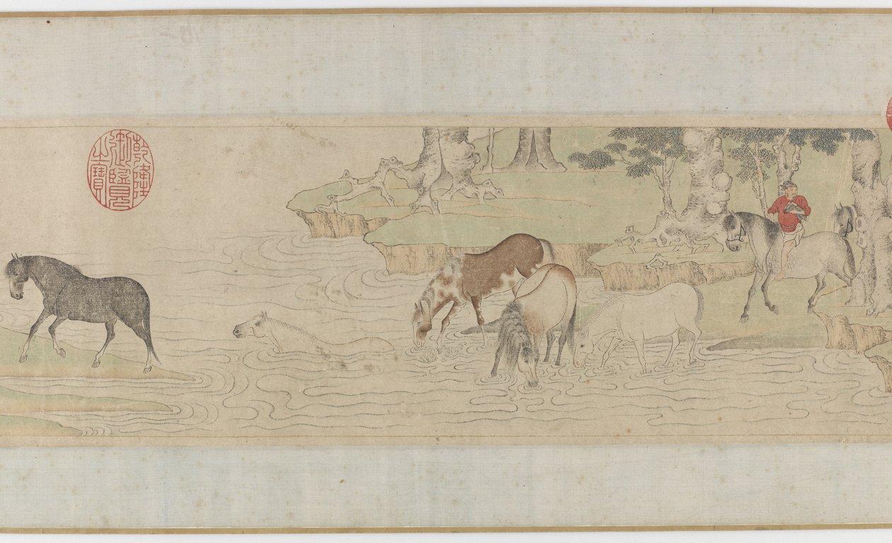 Nehri Geçen Atlar ve Damatlar, Yuan veya erken Ming hanedanı, 14. yüzyıl by Zhao Mengfu Chao Meng Fu or