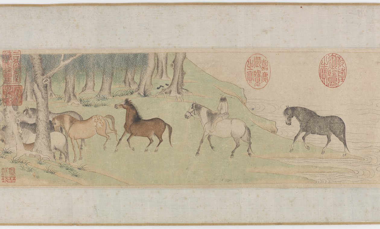 Nehri Geçen Atlar ve Damatlar, Yuan veya erken Ming hanedanı, 14. yüzyıl by Zhao Mengfu Chao Meng Fu or