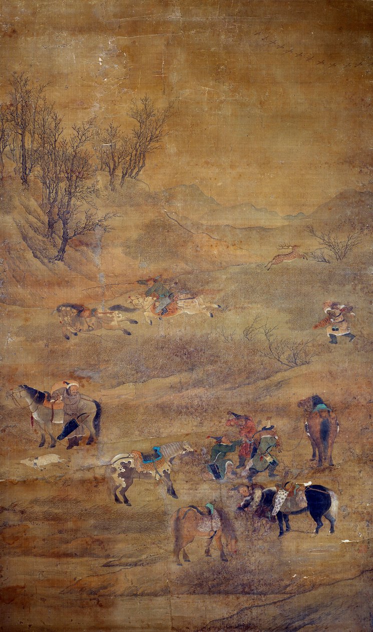 Bir atı kovalayan Moğol binici. Fou Tchao Mong tarafından ipek boyama by Zhao Mengfu Chao Meng Fu or