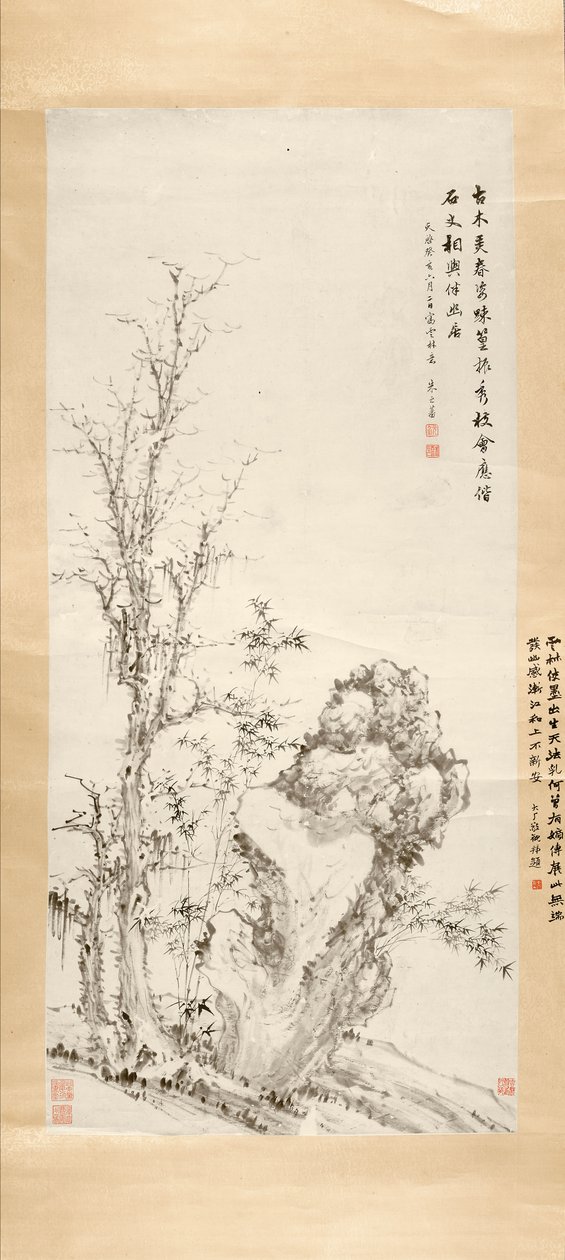 Kadim Ağaçlar, Kaya ve Bambu Resmi, kağıt üzerine 1623 mürekkep by Zhifan Zhu