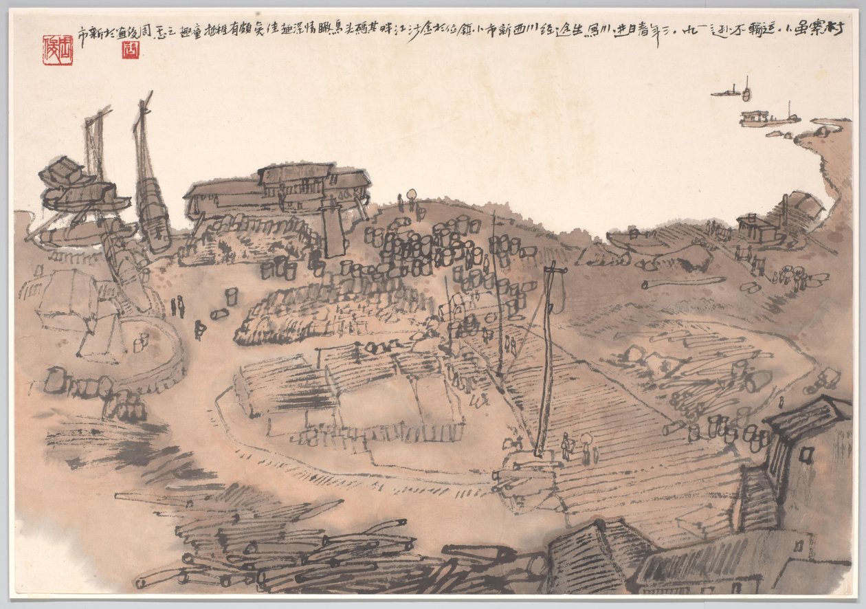 Jinshajiang Nehri üzerindeki Sichuan Eyaleti, Xinshi iskelesini gösteren tablo by Zhou Jun