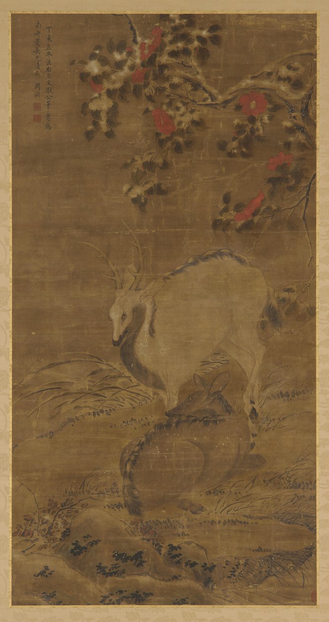Karda bir geyik, bir geyik ve kırmızı kamelyalar, 1367. by Zhou Yuan