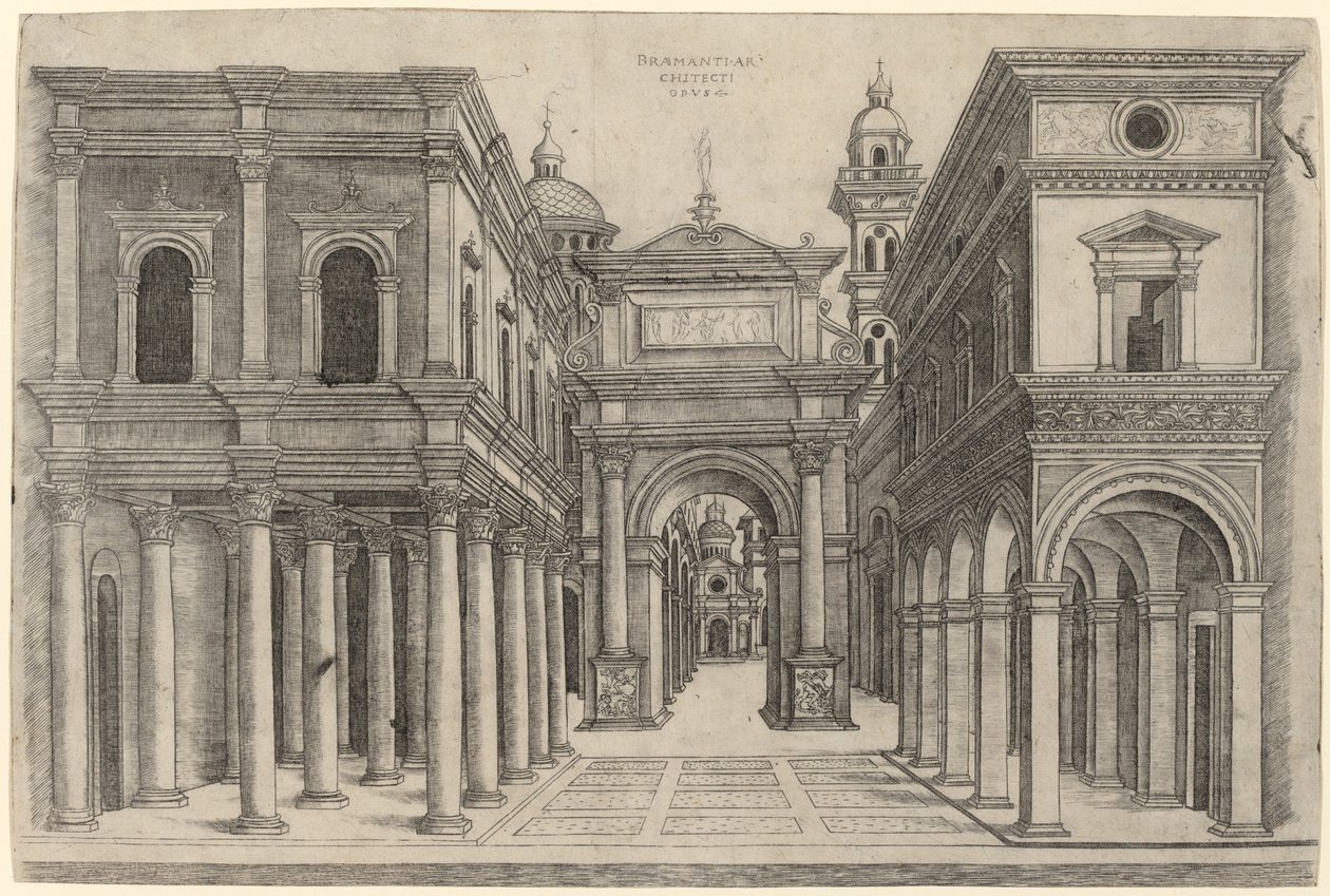 Çeşitli Binalar, Sütunlar ve Kemerli Bir Sokak by Zoan Andrea after Donato Bramante