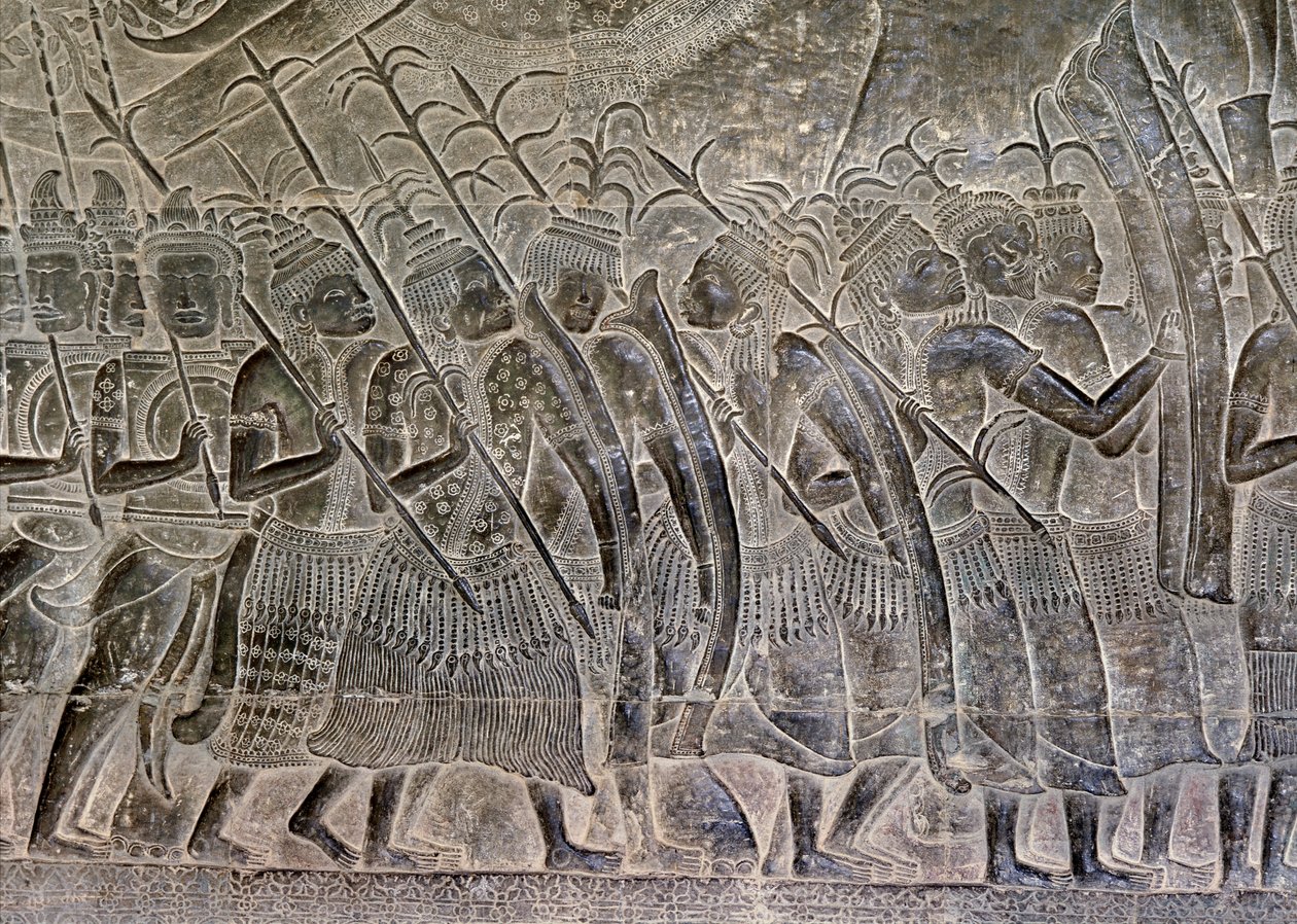 Angkor Wat, Angkor, Kamboçya 12. Yüzyılın başlarında, sonradan eklemeler. Galerideki kabartmaların bu detayı, Khmer ordusunun müttefiki olarak yürüyen THAI halkını gösteriyor. by Hippolyte Lalaise Devéria