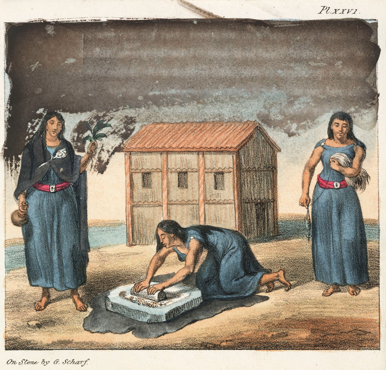 Araucano Kızılderili kadınları mısır öğütüyor ve eğirme, Şili by Frederick (attr. to) Barnard