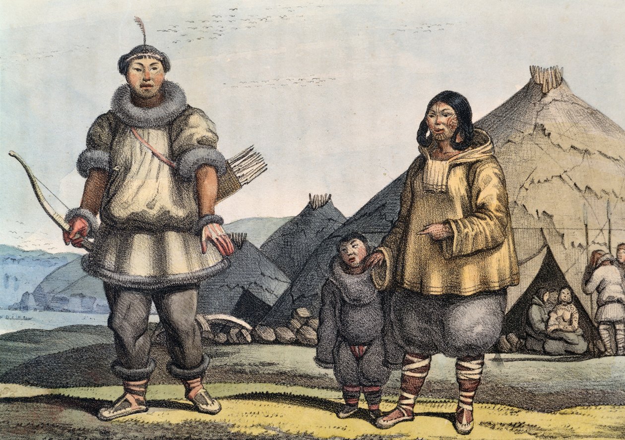Kulübenin önünde Chukchi ailesi, Bering Boğazı, Rusya, Louis Choris (1795-1828) by Georg Carl Heinrich Dollmann