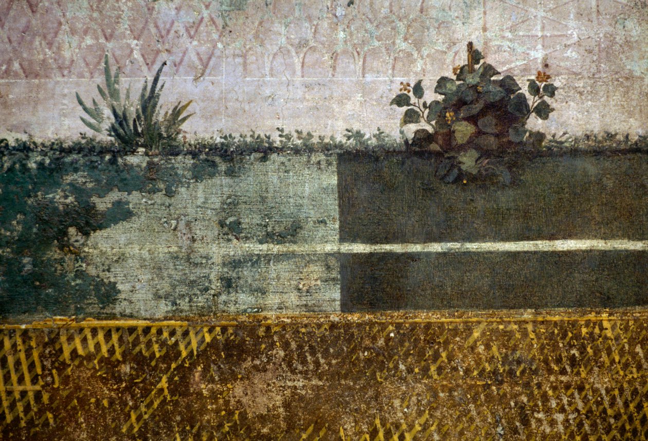 Çiçek vazosu, meyve ağaçları ve kuşlarla dolu bir bahçeyi betimleyen bir freskten detay, Palatine tepesindeki Livia Evi, Roma, İtalya. Roma uygarlığı by Georg Carl Heinrich Dollmann