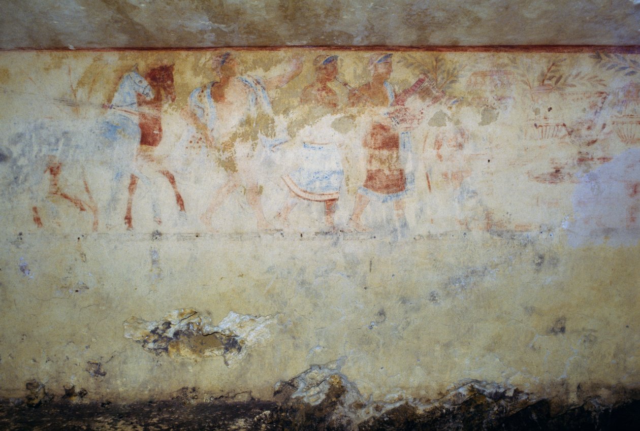 Dansçılar ve müzisyenler ile cenaze alayı, fresk, Mavi Şeytanların Mezarı, Tarquinia Nekropolü (UNESCO Dünya Mirası Listesi, 2004), Lazio, İtalya Etrüsk uygarlığı, MÖ 5. yüzyıl by Georg Carl Heinrich Dollmann
