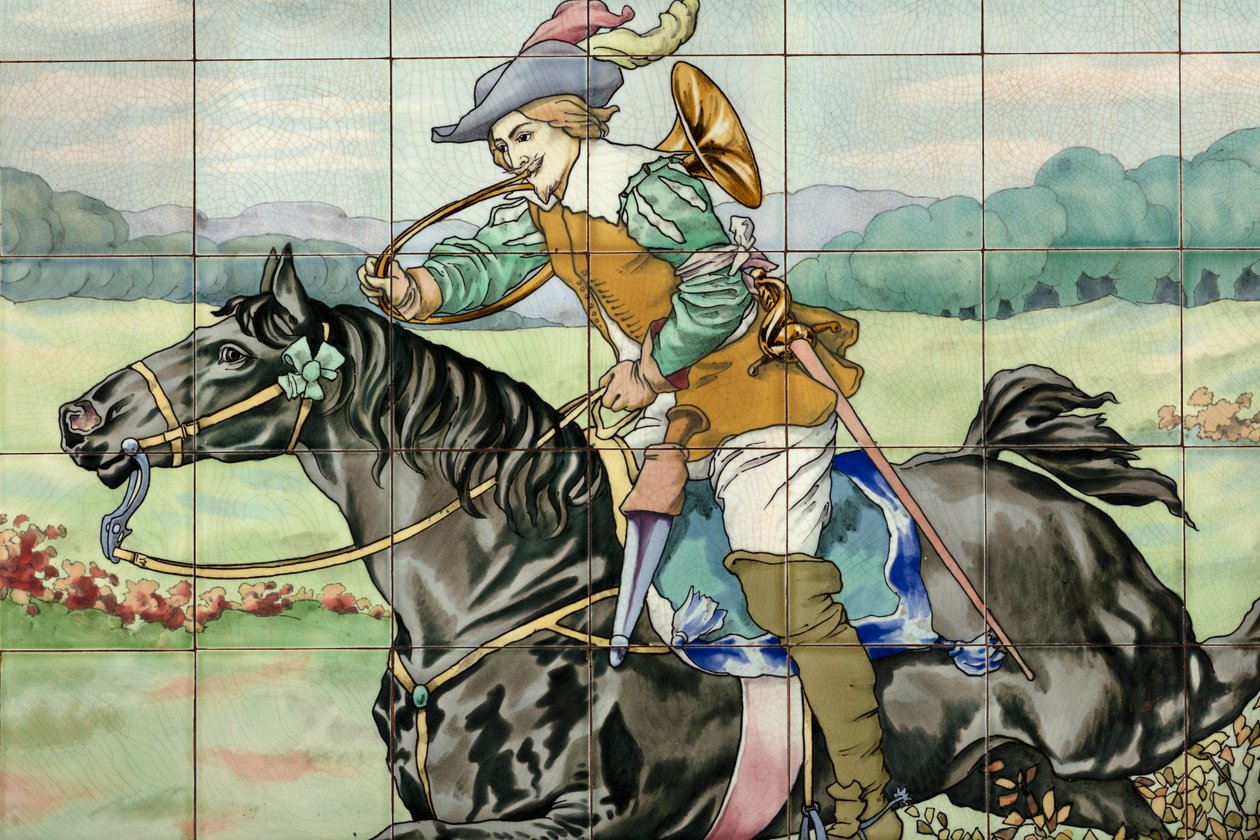 İç görünüm, karo panel, ressam Furcy Ernest Tondeur, uygulayıcı Boch Frères La Louvière, ikinci panel, av boynuzlu dörtnala koşan bir binici ile av sahnesini gösteriyor by . .