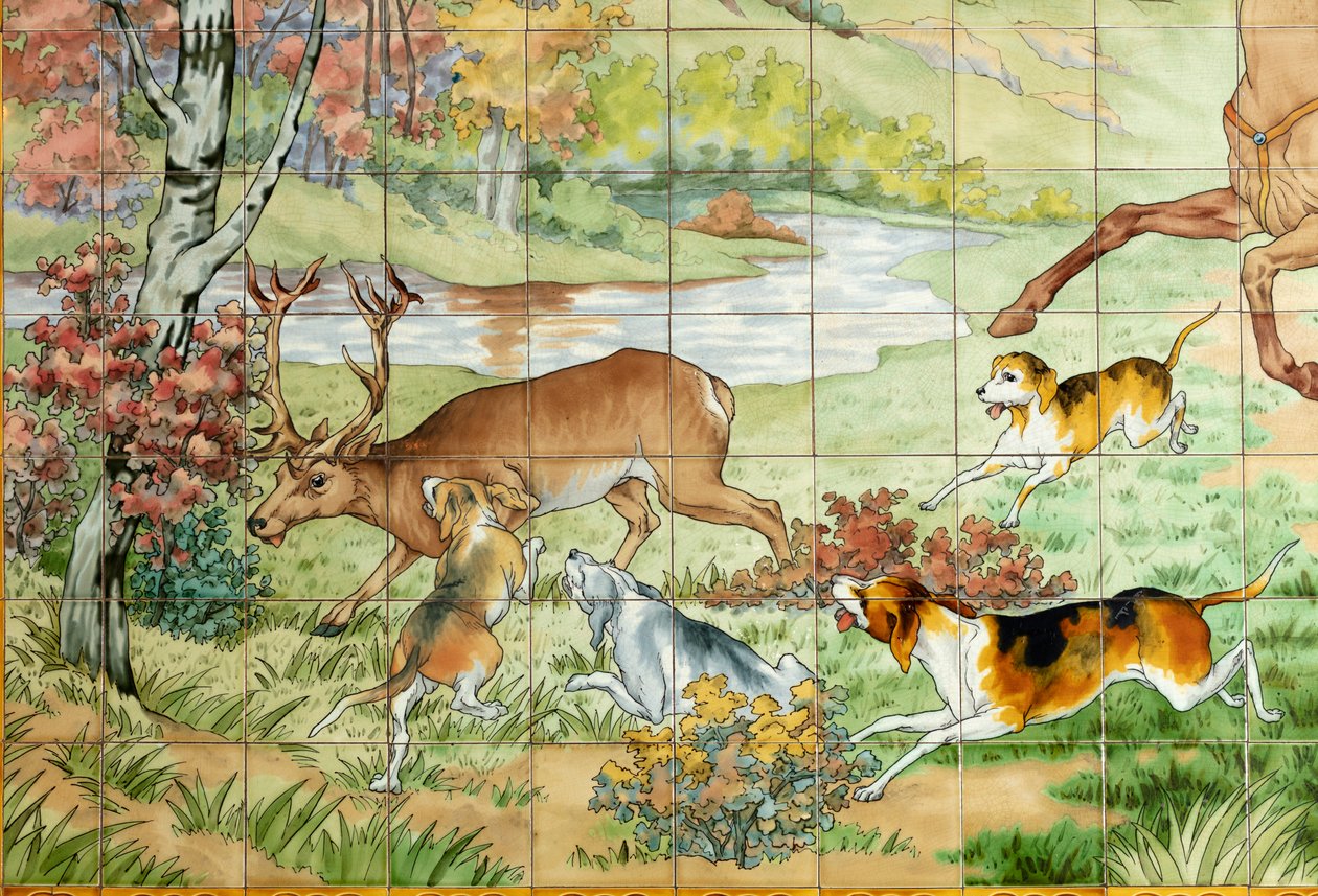 İç görünüm, çini pano, ressam Furcy Ernest Tondeur, uygulayıcı Boch Frères La Louvière, ilk pano, üç atlı ile av sahnesi, detay by . .