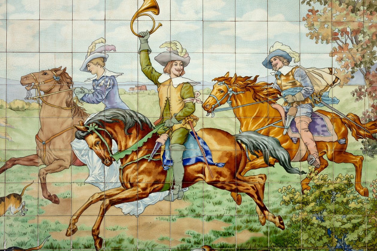İç görünüm, çini pano, ressam Furcy Ernest Tondeur, uygulayıcı Boch Frères La Louvière, ilk pano, üç atlı ile av sahnesi, detay by . .