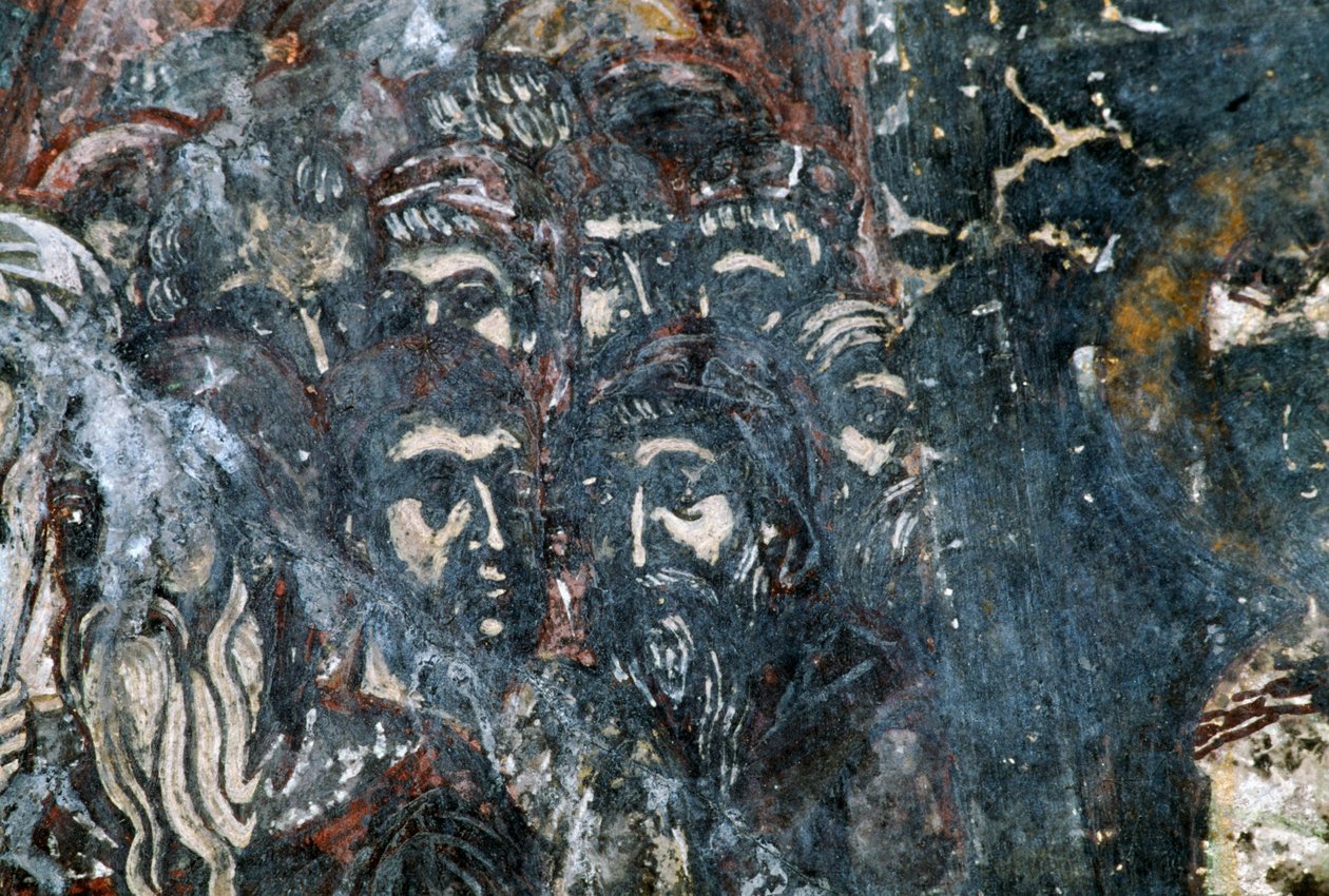 Agios Vasileios kilisesinin tavanında erkek figürleri, hasarlı fresk, Vavouledo, Girit, Yunanistan (fotoğraf) by Georg Carl Heinrich Dollmann