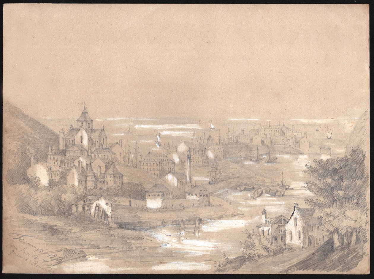 Fecamp şehrinin panoraması, Normandiya. 1841 (Çizim) by . .