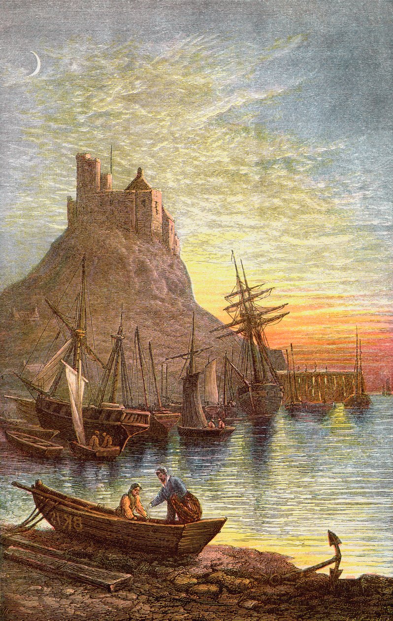 Kaleyi gösteren Kutsal Lindisfarne Adası. by . .