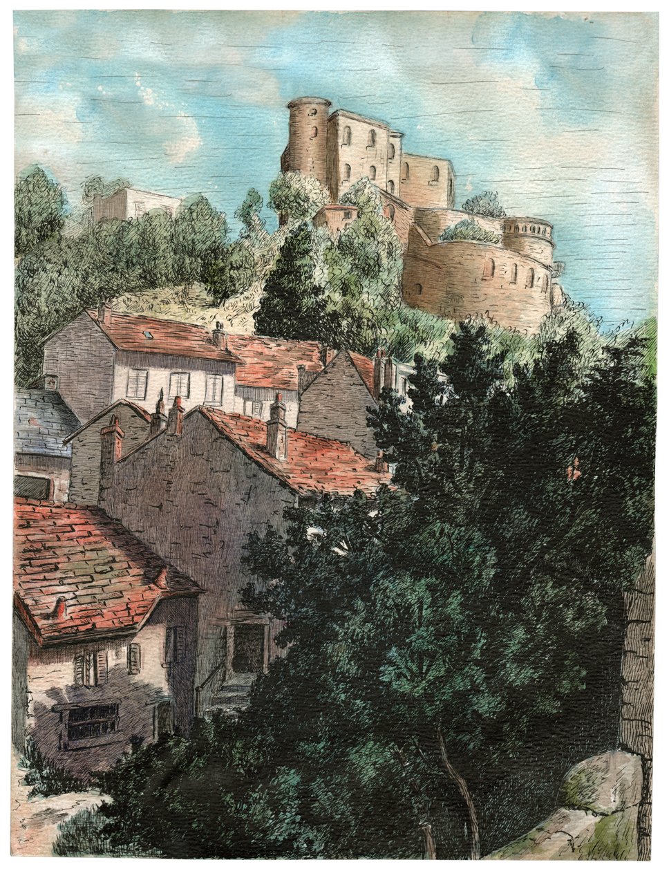 Bir kale ile köy by . .