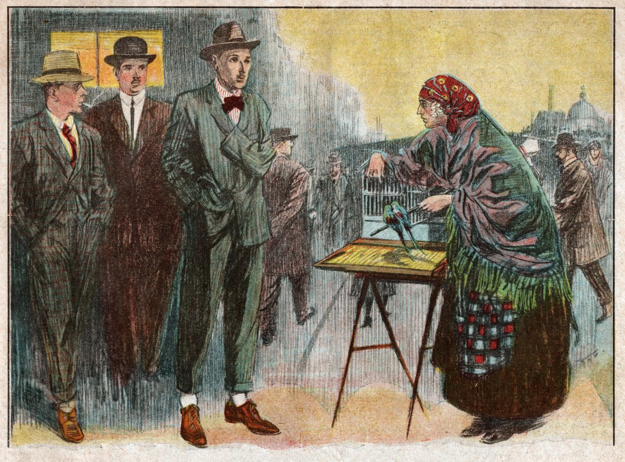Kuşlar aracılığıyla kehanet uygulayan kadın. 1926 (Resim) by . .