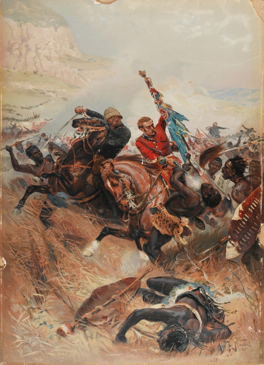 Teğmenler Melville ve Coghill Renkleri Kurtarmak, 1879 Zulu Savaşı, 1881 (chromolitho) by after Alphonse Marie de Neuville