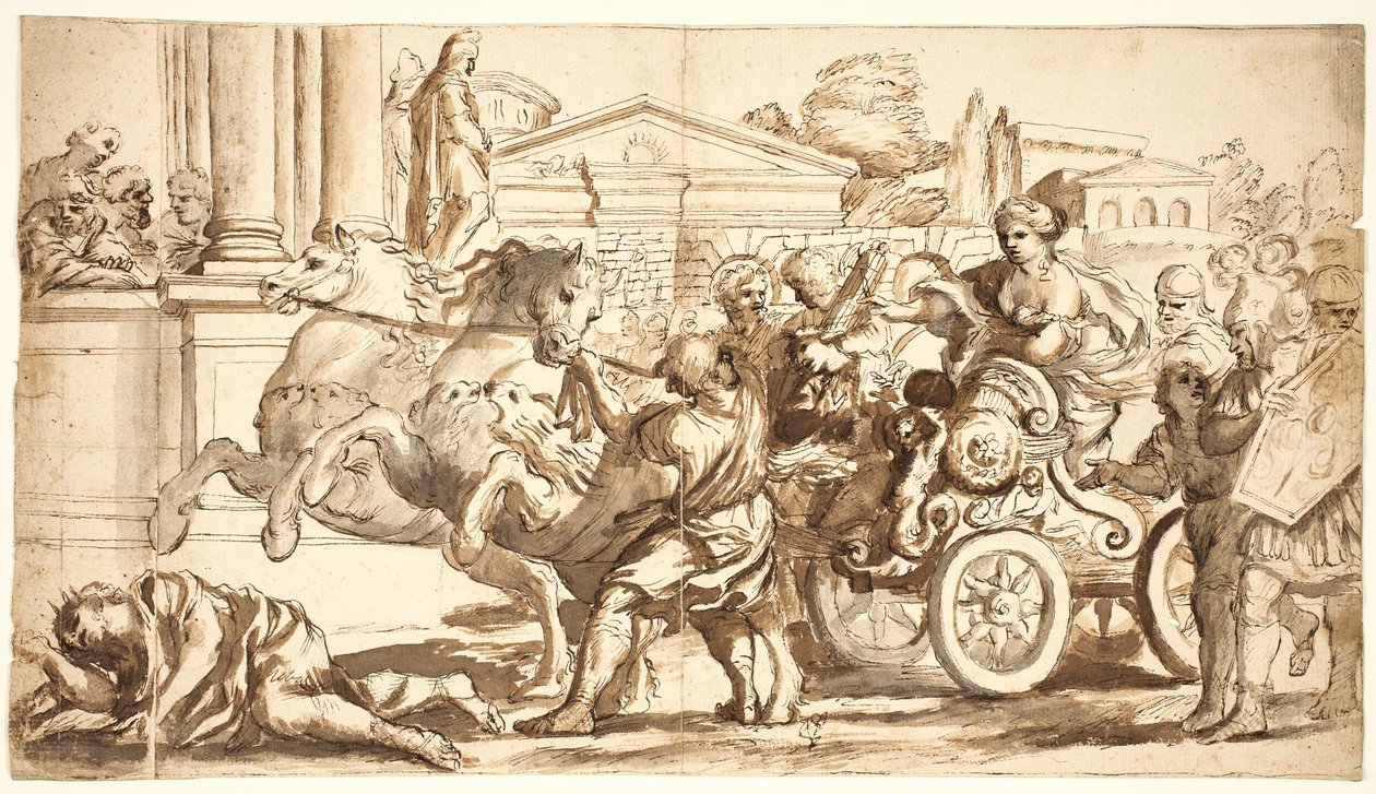 Tullia, savaş arabasını babasının vücudunun üzerinden geçirirken by after Ciro Ferri